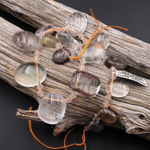 Natural Phantom Lodalite Quartz Oval Focal Pendant Beads Top Side Drilled Gemstone One of a Kind 15.5" Strand