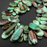 Large Natural Bicolor Australian Green Brown Chrysoprase Beads Nuggets Side Drilled Long Oval Focal Bead Pendant 15.5" Strand