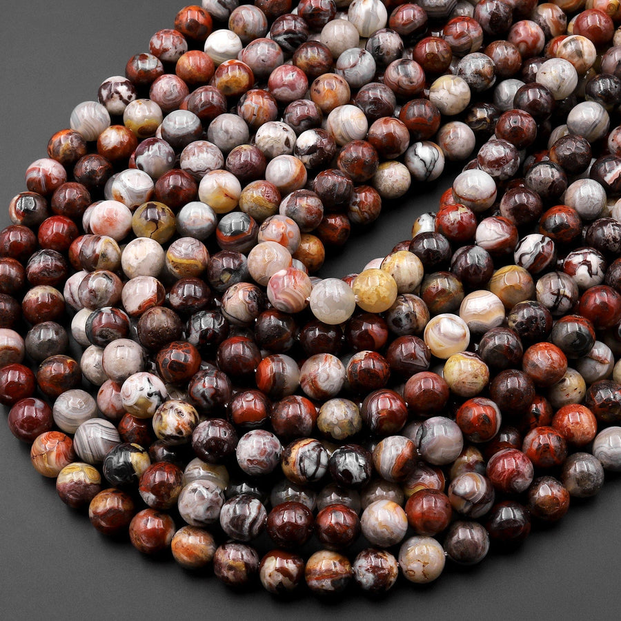 Natural Red Laguna Lace Agate 6mm 8mm 10mm Round Red Orange Beads From Mexico 15.5" Strand
