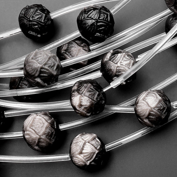 AAA Hand Carved 3D Natural Silver Obsidian Lotus Flower Gemstone Round Beads 12mm