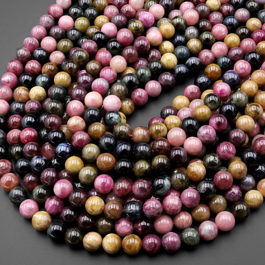 AAA Natural Multicolor Pink Green Cognac Tourmaline Round Beads 6mm 8mm 10mm Gemstone 15.5" Strand
