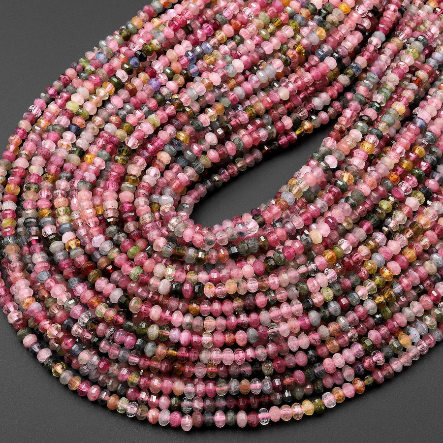 AAA Natural Multicolor Watermelon Tourmaline Micro Faceted 4mm Lantern Rondelle Beads Pink Green Blue Yellow Gemstone 15.5" Strand