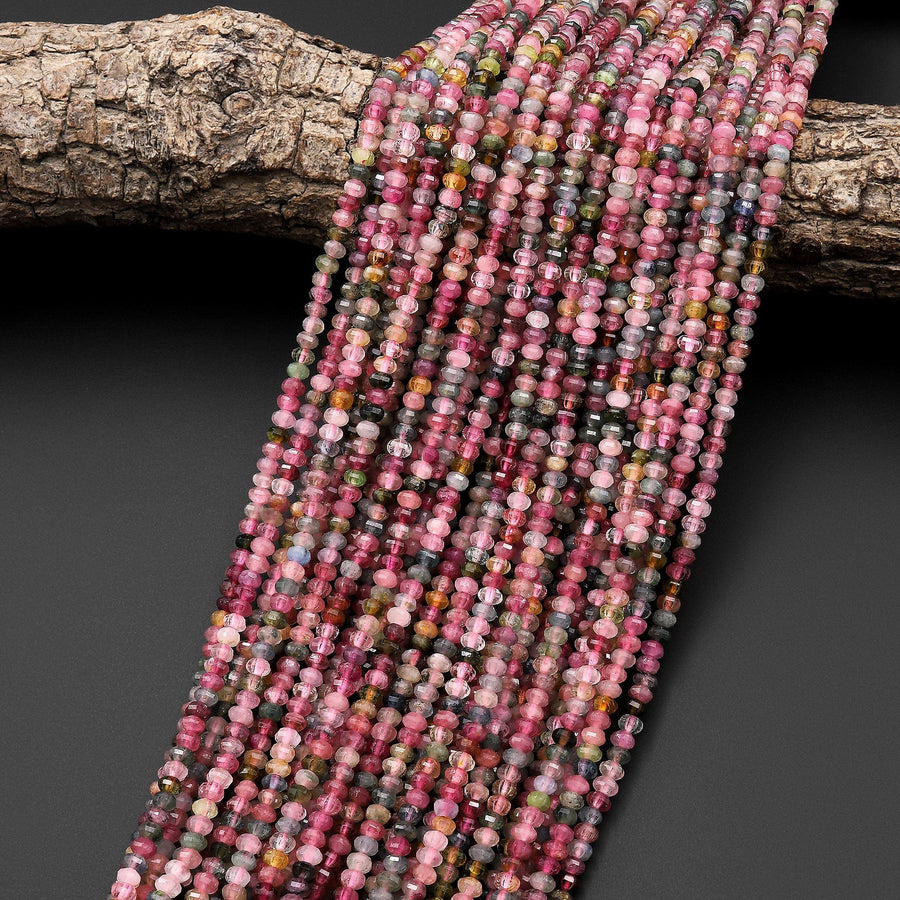 AAA Natural Multicolor Watermelon Tourmaline Micro Faceted 4mm Lantern Rondelle Beads Pink Green Blue Yellow Gemstone 15.5" Strand