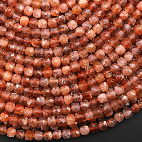AAA Natural Sunstone Micro Faceted 4mm Cube Dice Square Beads 15.5" Strand