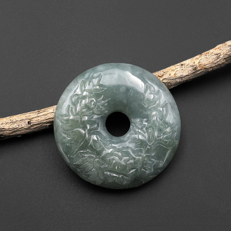 AAA Hand Carved Natural Burma Green Jade Donut Pendant Gemstone Focal Bead 38mm