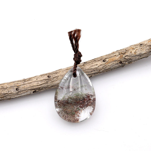 AAA Natural Green Lodalite Phantom Quartz Puffy Teardrop Pendant Gemstone Focal Bead Extra Clear A3