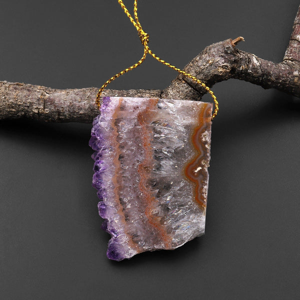 Natural Purple Amethyst Stalactite Flower Freeform Side Drlled Pendant Flat Slice P0193