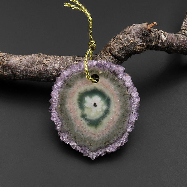 Natural Amethyst Stalactite Flower Pendant Flat Slice Freeform One of a Kind P0197