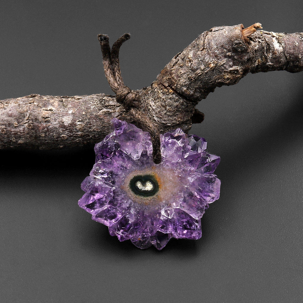 Natural Amethyst Stalactite Flower Pendant Flat Slice Freeform One of a Kind P0198