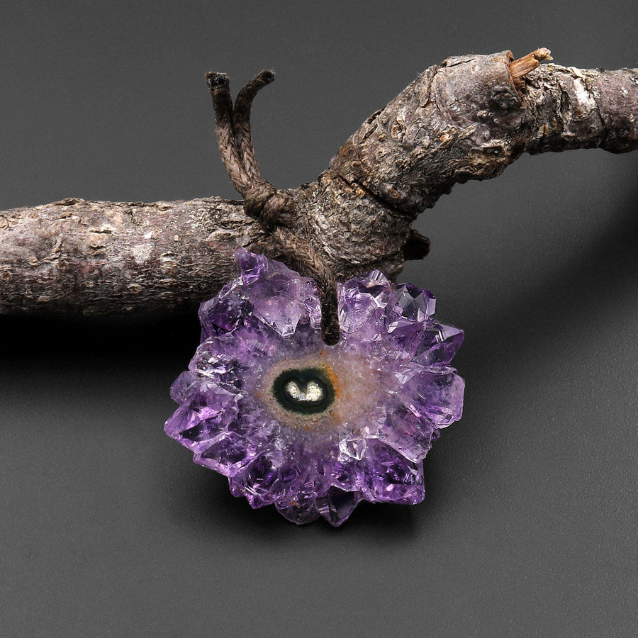 Natural Amethyst Stalactite Flower Pendant Flat Slice Freeform One of a Kind P0198