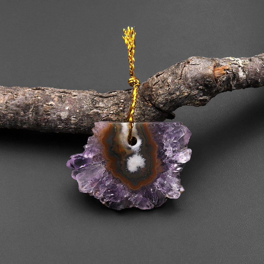 Natural Amethyst Stalactite Flower Pendant Flat Slice Freeform One of a Kind P0199