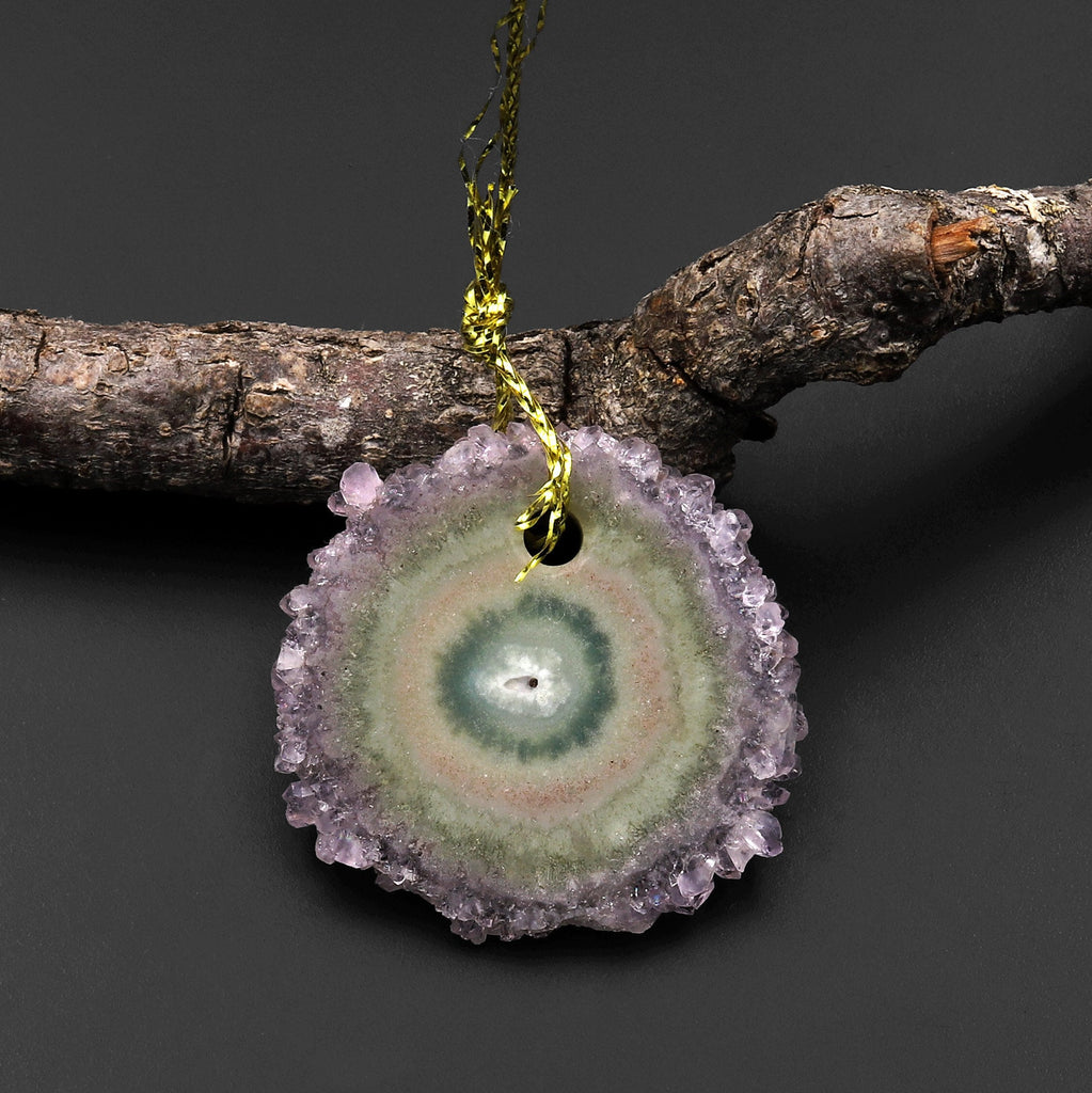 Natural Amethyst Stalactite Flower Pendant Flat Slice Freeform One of a Kind P0204