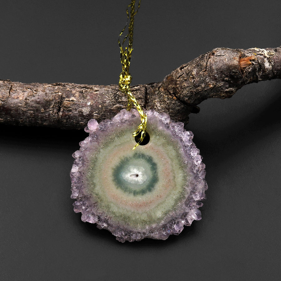 Natural Amethyst Stalactite Flower Pendant Flat Slice Freeform One of a Kind P0204
