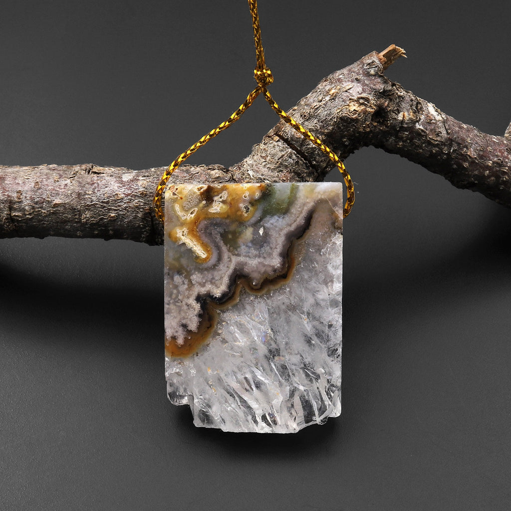 Natural White Amethyst Stalactite Druzy Pendant Side Drilled Flat Slice Rectangle P0209