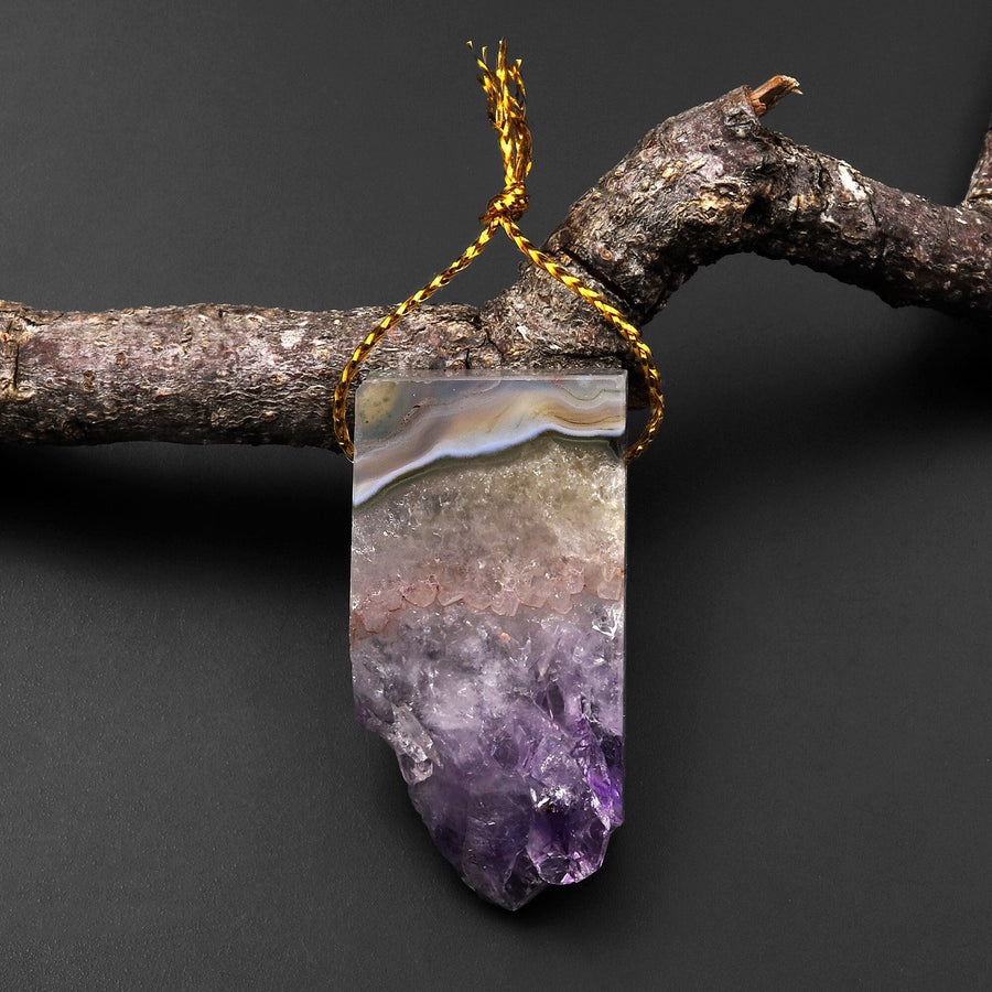 Natural Purple Amethyst Stalactite Druzy Pendant Side Drilled Flat Slice Rectangle P0203
