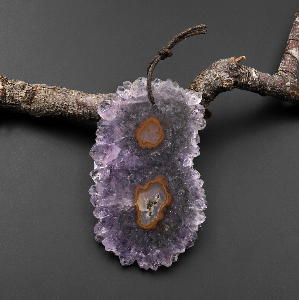 Natural Amethyst Stalactite Flower Pendant Flat Slice Freeform One of a Kind P0211