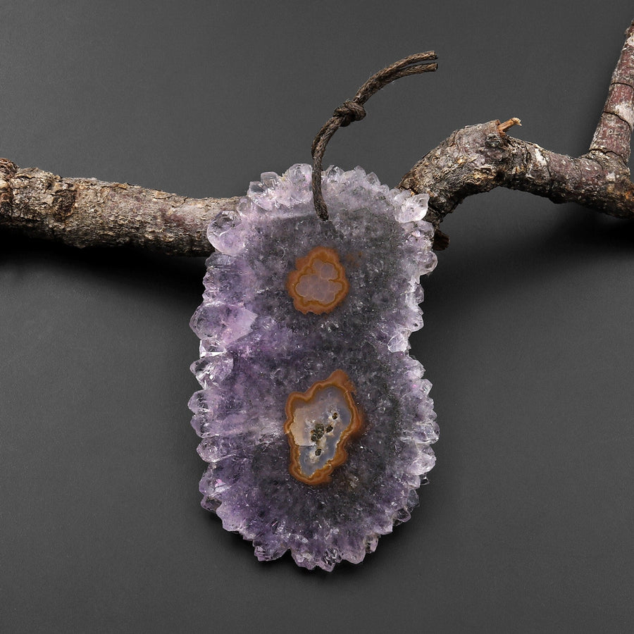 Natural Amethyst Stalactite Flower Pendant Flat Slice Freeform One of a Kind P0211