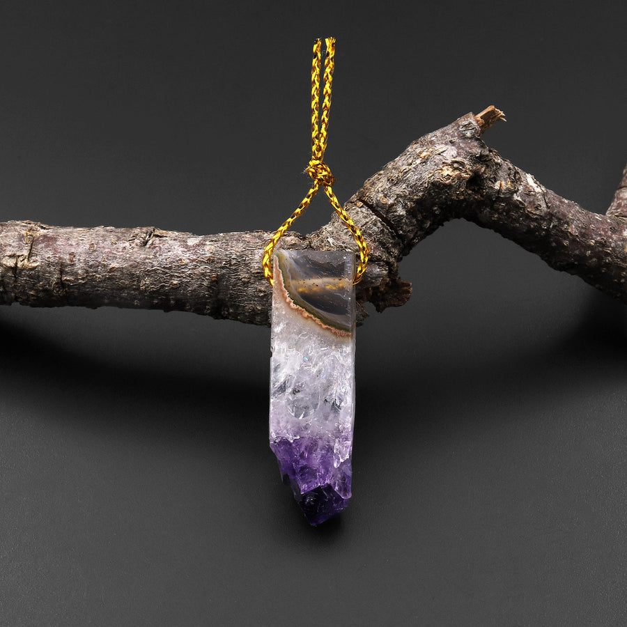 Natural Purple Amethyst Stalactite Druzy Pendant Side Drilled Flat Slice Rectangle P0215