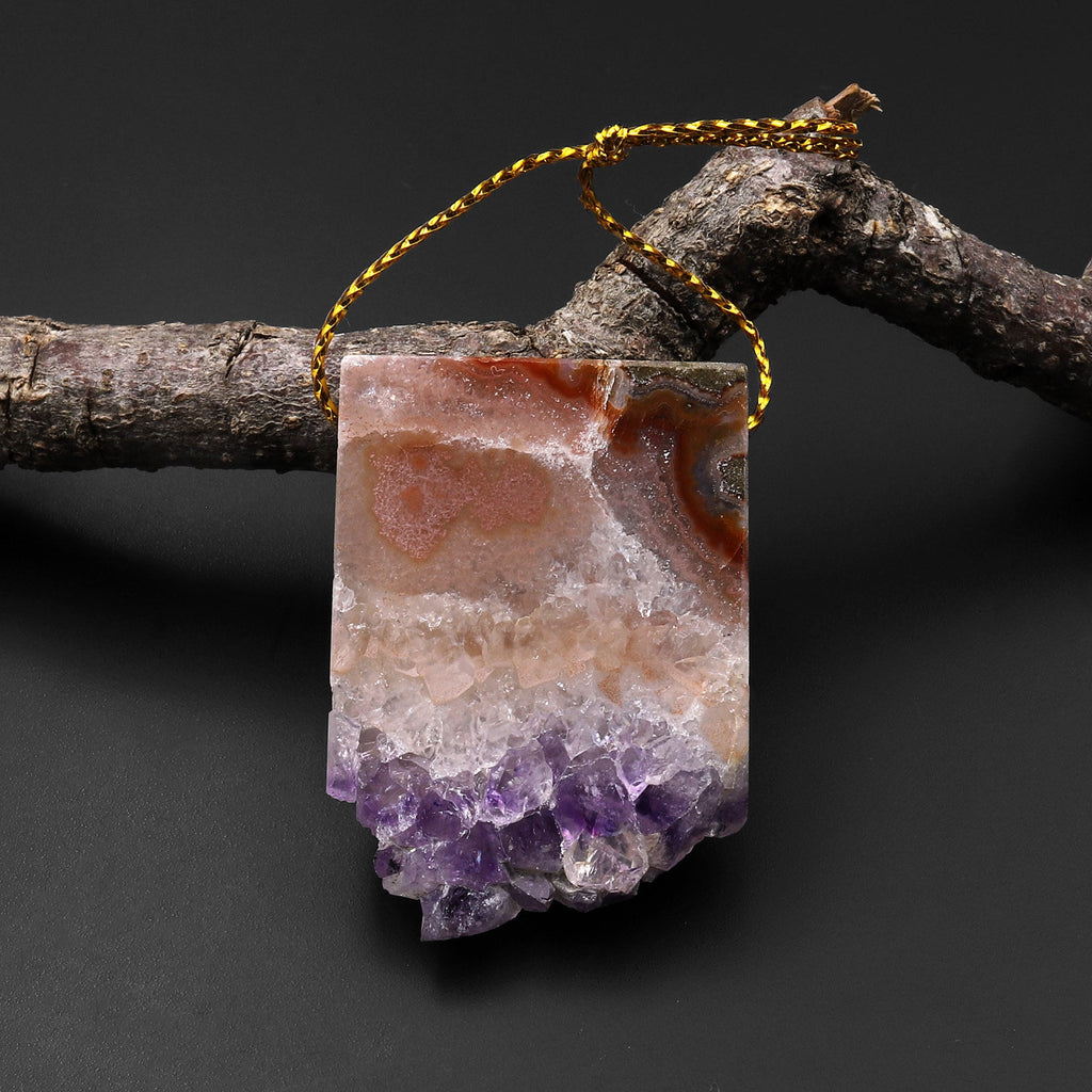 Natural Purple Amethyst Stalactite Druzy Pendant Side Drilled Flat Slice Rectangle P0218