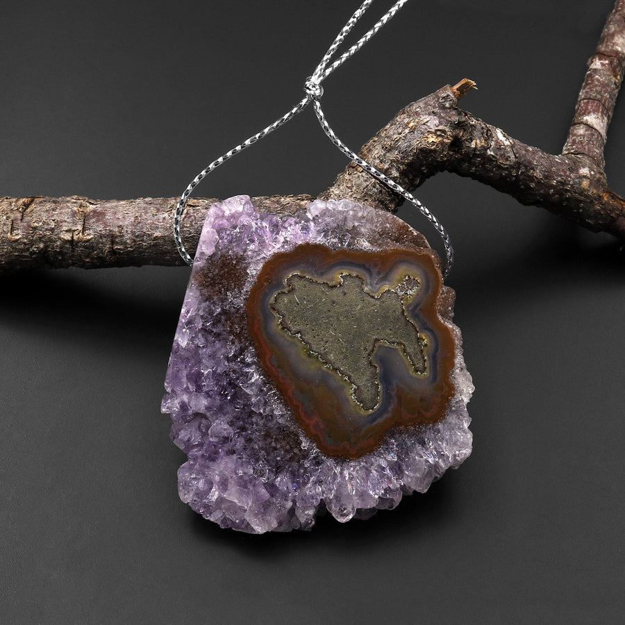 Natural Purple Amethyst Stalactite Flower Druzy Pendant Side Drilled Flat Slice P0220