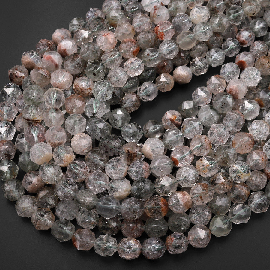 AAA Natural Green Red Phantom Lodalite Quartz Double Hearted Star Cut Faceted 8mm 9mm 10mm Rounded Beads 15.5" Strand