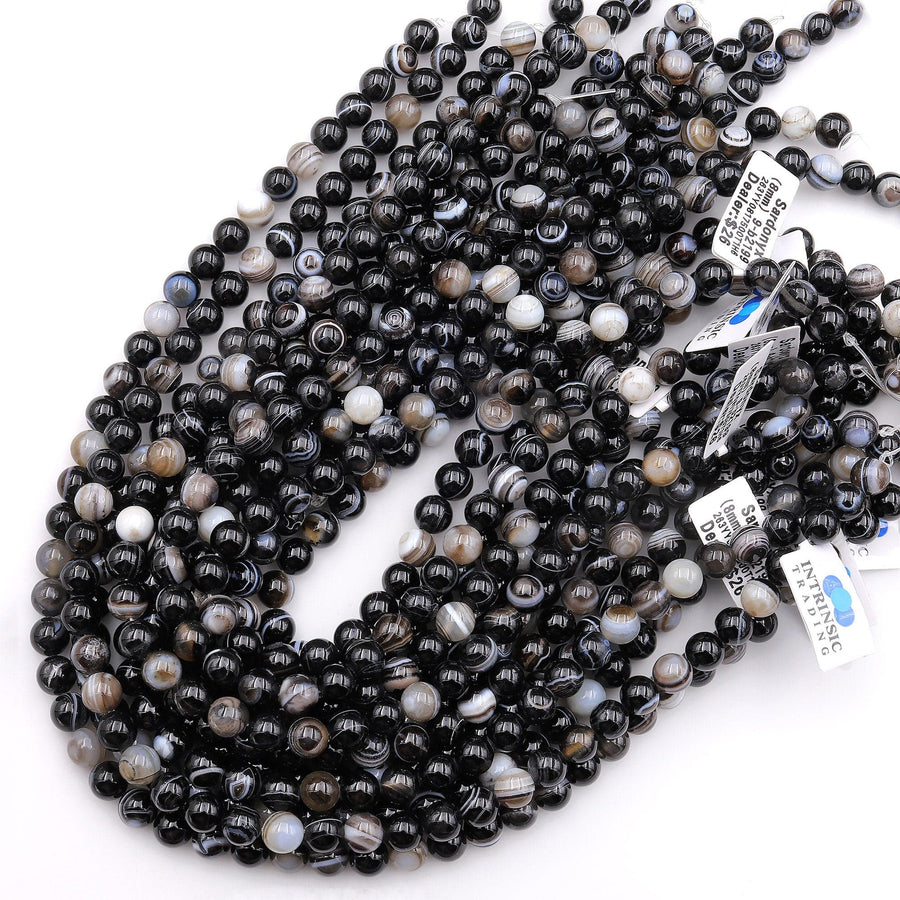 Natural Black Sardonyx Agate 4mm 6mm 8mm 10mm Round Beads Amazing Eyes Bands Veins Antique Boho Mala 15.5" Strand