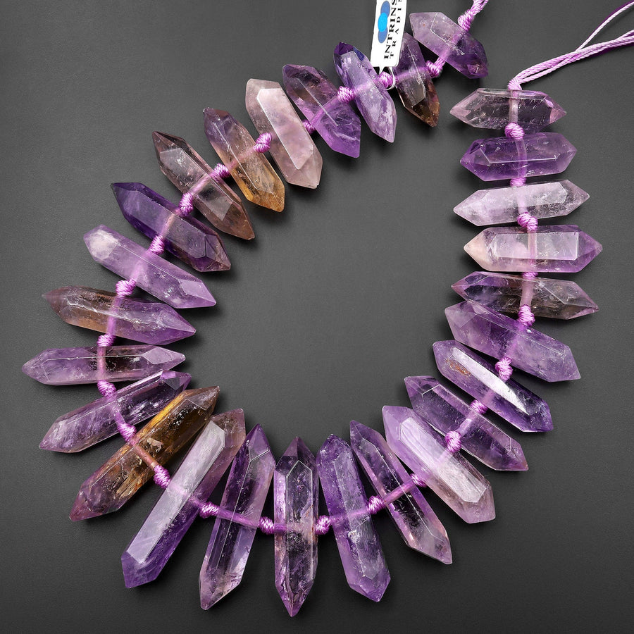 Natural Ametrine Faceted Double Terminated Pointed Beads Center Drilled Large Healing Crystal Focal Pendant 15.5" Strand