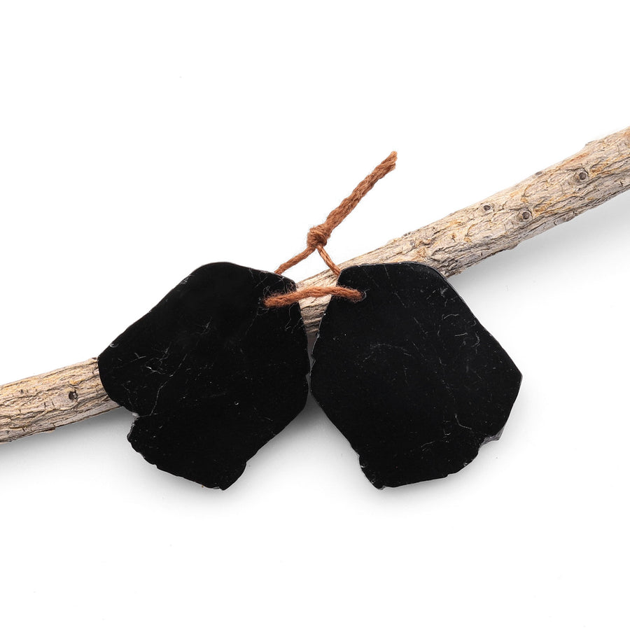 Drilled Natural Black Tourmaline Freeform Slice Earring Pair Matched Raw Organic Gemstone Beads