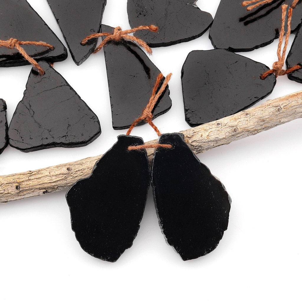 Drilled Natural Black Tourmaline Freeform Slice Earring Pair Matched Raw Organic Gemstone Beads A1