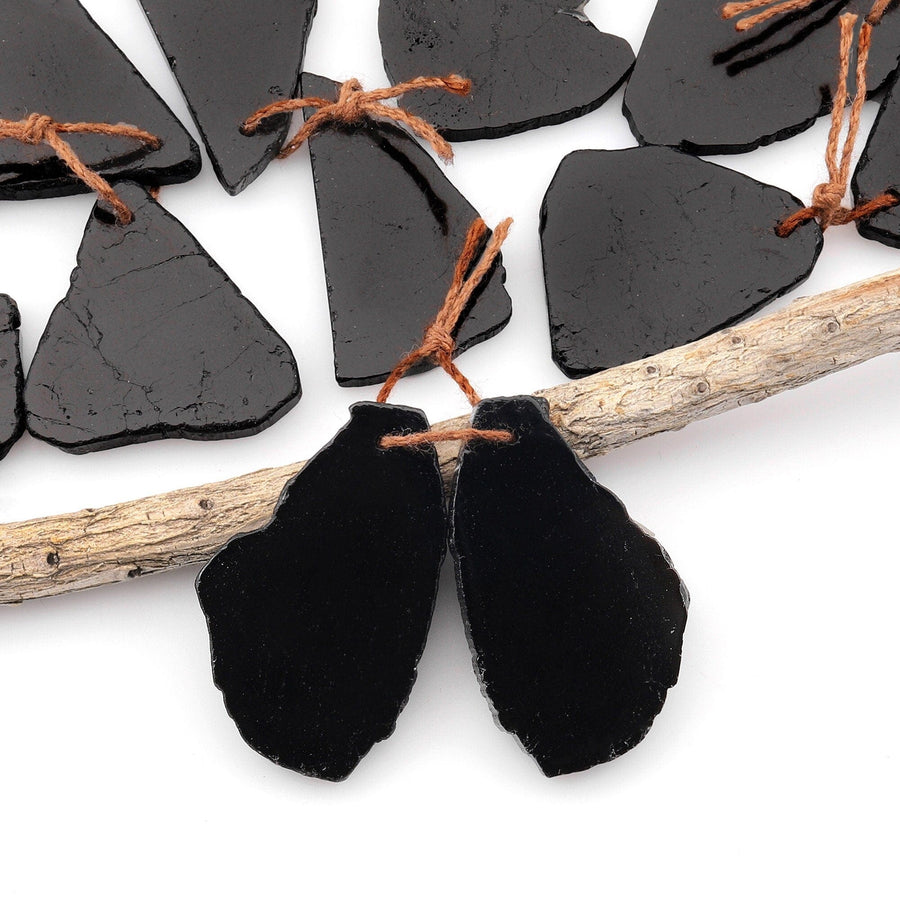 Drilled Natural Black Tourmaline Freeform Slice Earring Pair Matched Raw Organic Gemstone Beads A1