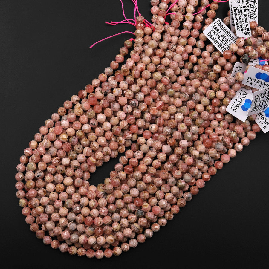 Natural Pink Red Rhodochrosite 6mm Faceted Round Beads Micro Laser Diamond Cut Gemstone 15.5" Strand