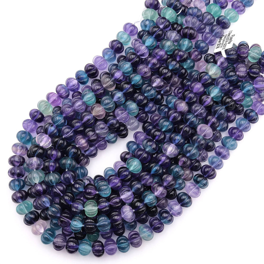 Natural Green Purple Fluorite Carved Melon Squash Blossom Flower Round Beads 12mm 3D