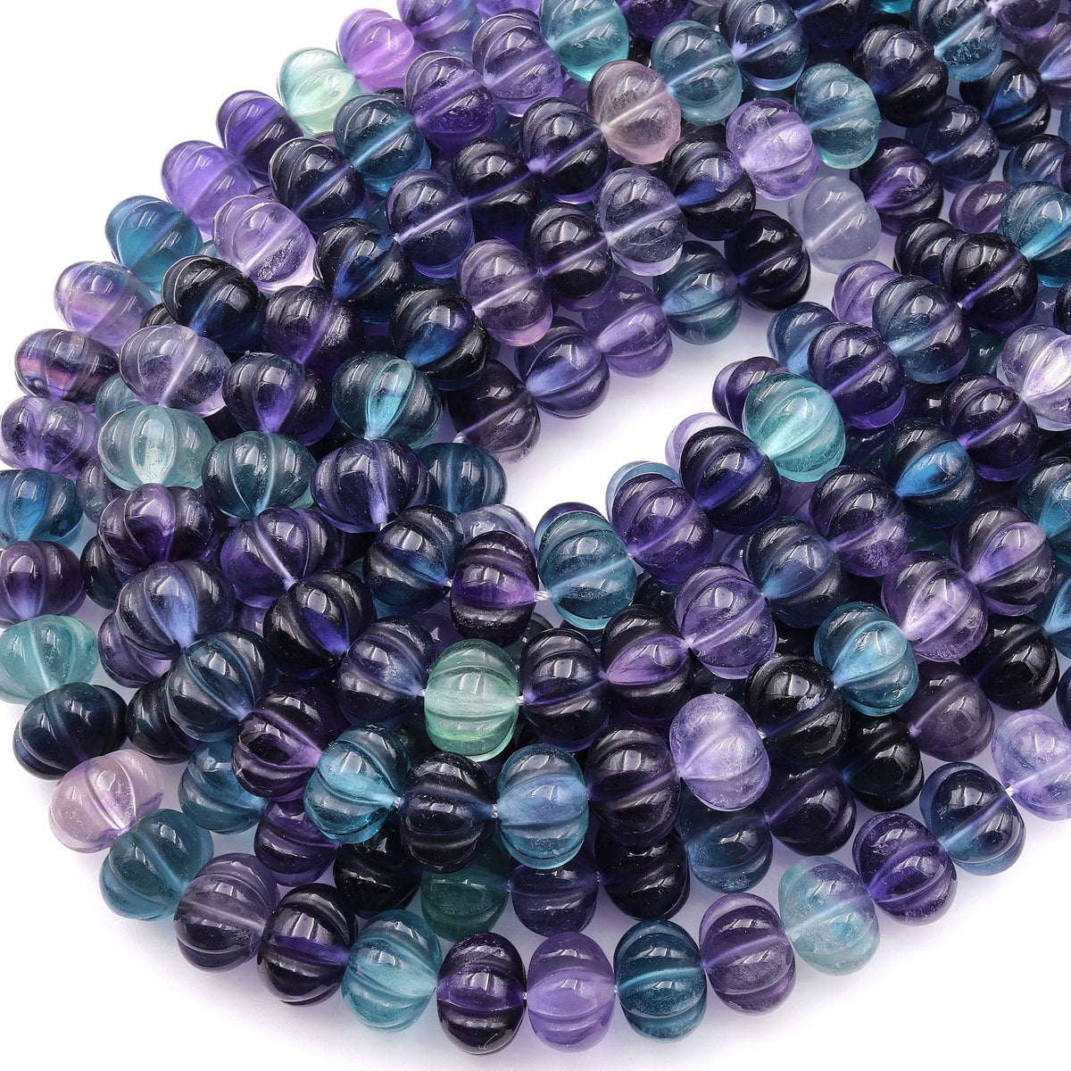 Selling 16” Natural Fluorite Gemstone Beads, Green Fluorite Carved Melon Pumpkin Beads, Jewelry Supplies, Wholesale Bulk Beads,