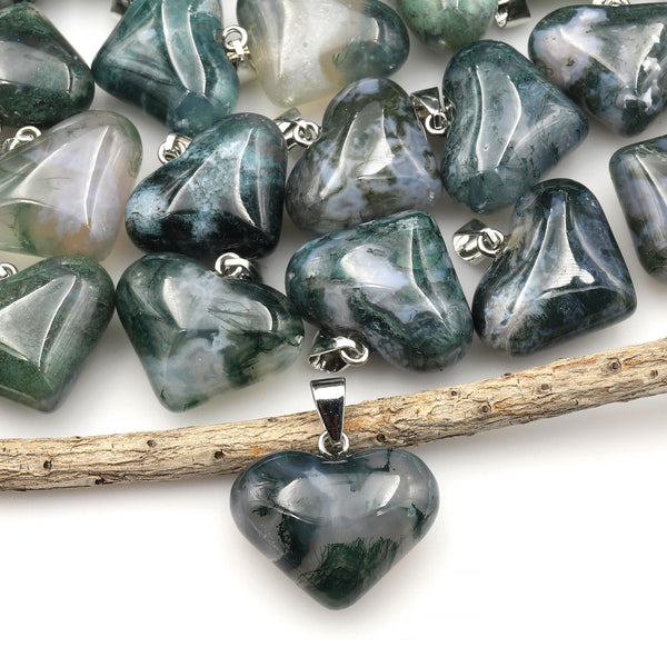 AAA Natural Green Moss Agate Gemstone Puffy Heart Pendant Natural Crystal Focal Bead A2