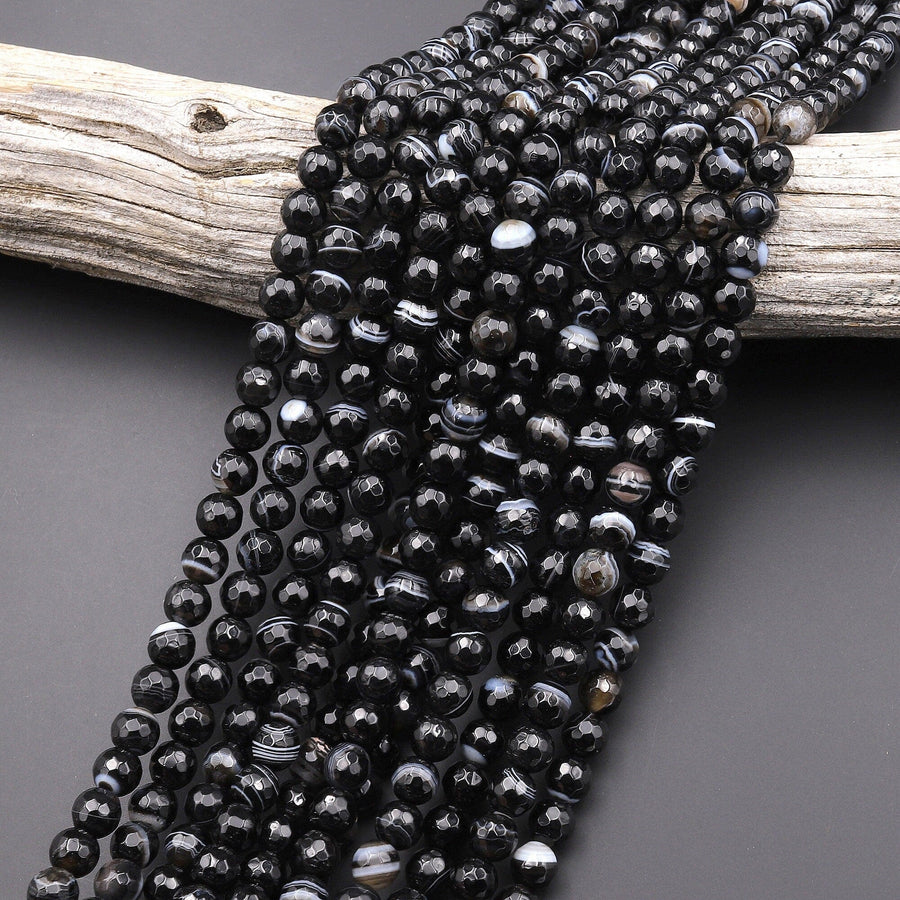 Faceted Natural Tuxedo Agate Round Beads 6mm 8mm Black White Stripes Beads 15.5" Strand