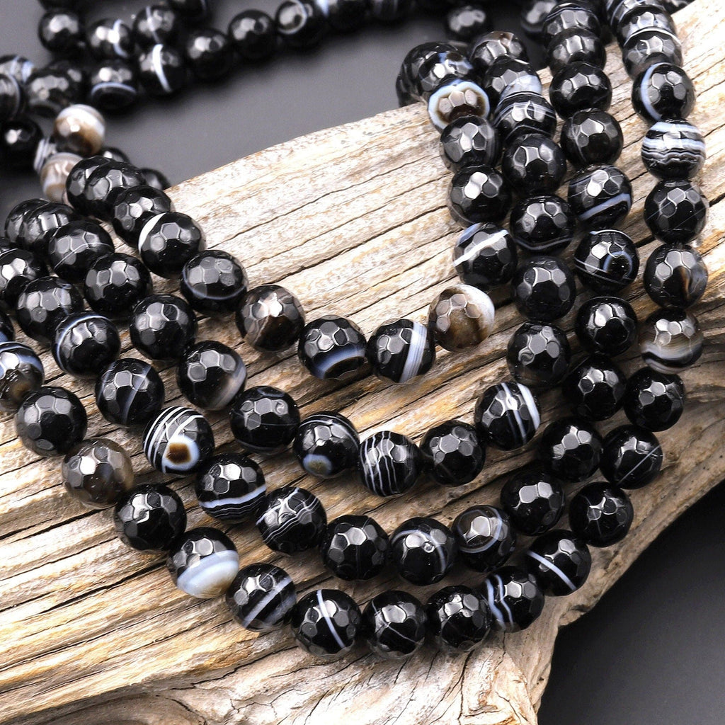 Faceted Natural Tuxedo Agate Round Beads 6mm 8mm Black White Stripes Beads 15.5" Strand