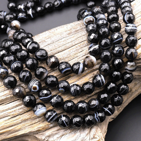 Faceted Natural Tuxedo Agate Round Beads 6mm 8mm Black White Stripes Beads 15.5" Strand
