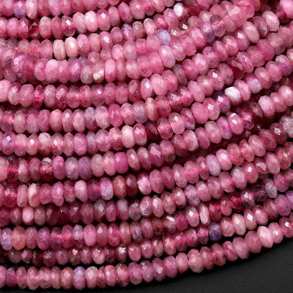 Faceted Natural Pink Tourmaline Thin Rondelle 4mm Beads Gemstone 15.5" Strand