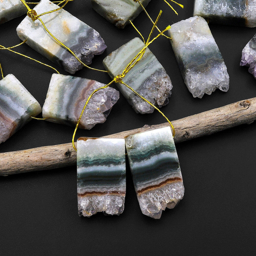 Small Natural Amethyst Stalactite Slice Matched Earring Gemstone Bead Pair A12