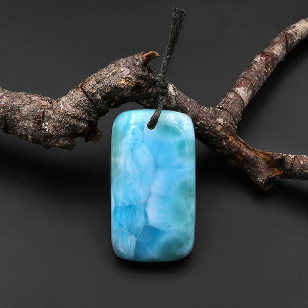 Natural Blue Larimar Long Rectangle Pendant Front Drilled Genuine Real Blue Larimar Gemstone A14