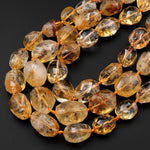 AAA Hand Cut Natural Golden Yellow Citrine W/ Cacoxenite Beads Faceted Oval Puffy Nuggets 15.5" Strand
