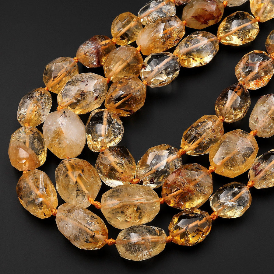 AAA Hand Cut Natural Golden Yellow Citrine W/ Cacoxenite Beads Faceted Oval Puffy Nuggets 15.5" Strand