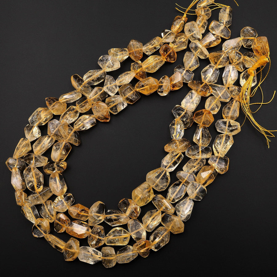 AAA Faceted Natural Golden Citrine Freeform Nugget Beads Handcut Gemstone Super Gemmy 15.5" Strand