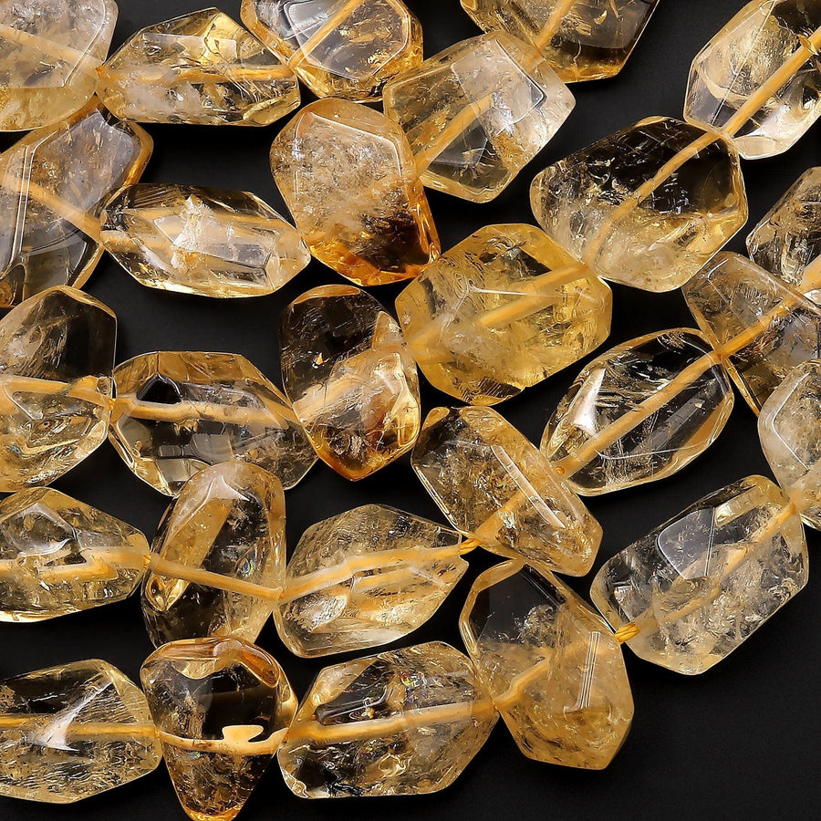AAA Faceted Natural Golden Citrine Freeform Nugget Beads Handcut Gemstone Super Gemmy 15.5" Strand