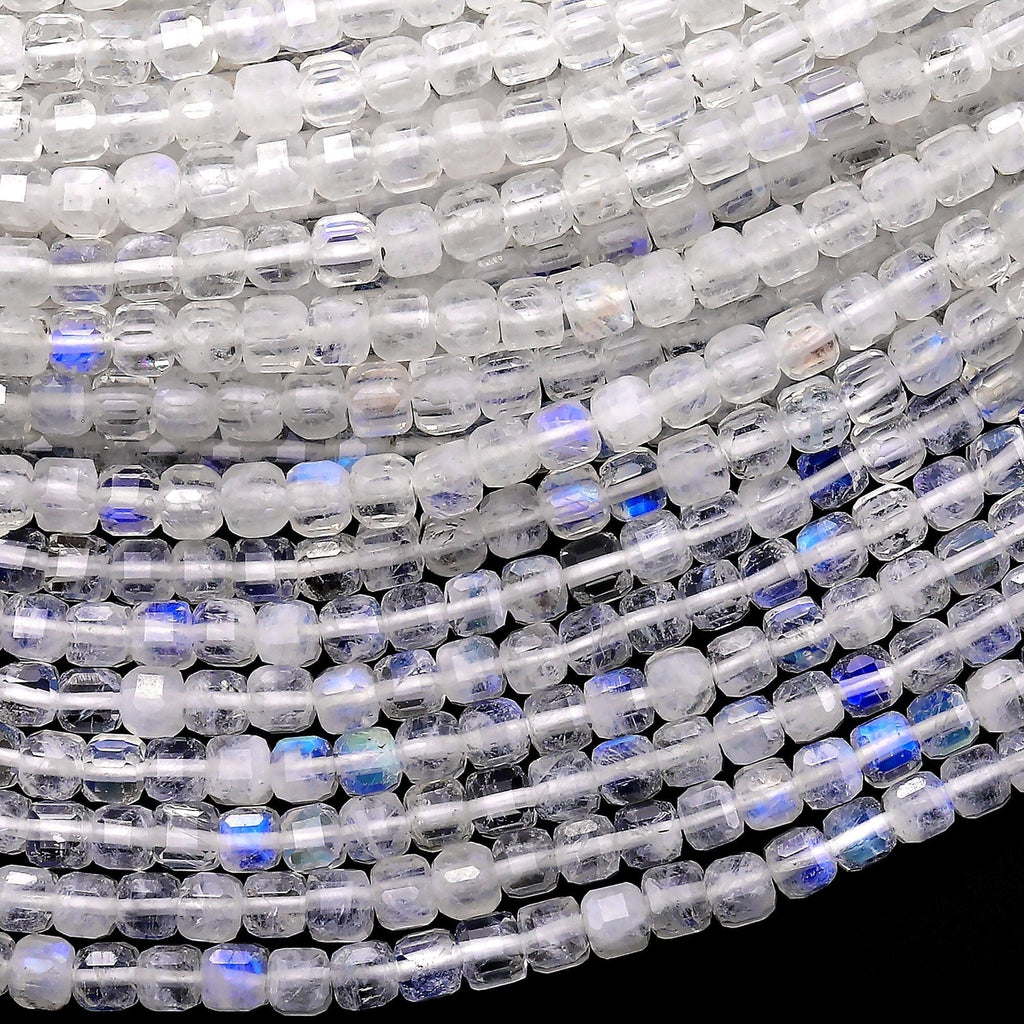 AAA Natural Blue Rainbow Moonstone Faceted 3mm Cube Dice Square Beads Micro Faceted Laser Diamond Cut 15.5" Strand