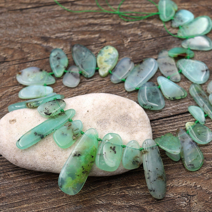 Natural Australian Brown Green Chrysoprase Beads Freeform Teardrop Petal Focal Pendant Side Drilled Gemstone 15.5" Strand