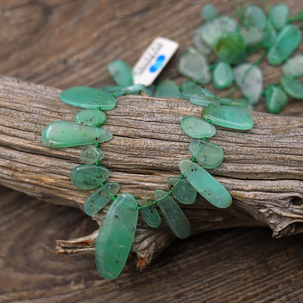 Natural Australian Green Chrysoprase Beads Freeform Teardrop Petal Focal Pendant Side Drilled Translucent Gemstone 15.5" Strand