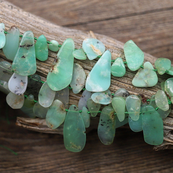 Natural Australian Brown Green Chrysoprase Beads Freeform Teardrop Thin Slice Side Drilled Gemstone 15.5" Strand