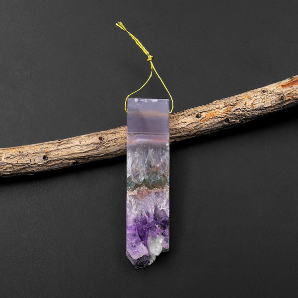 Natural Purple Amethyst Stalactite Long Thin Rectangle Pendant Side Drilled Focal Bead A3