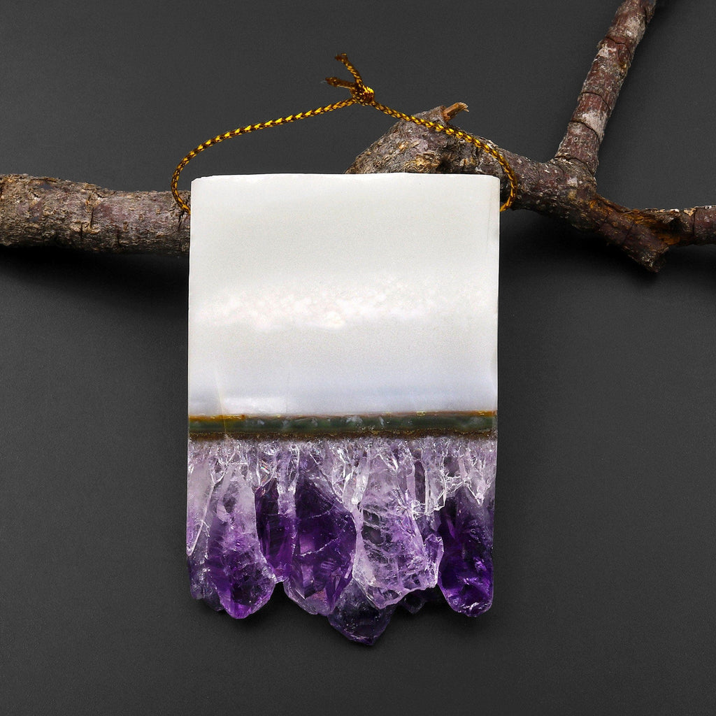 Large Natural White Purple Amethyst Stalactite Rectangle Pendant Flat Slice Side Drilled Freeform Crystal